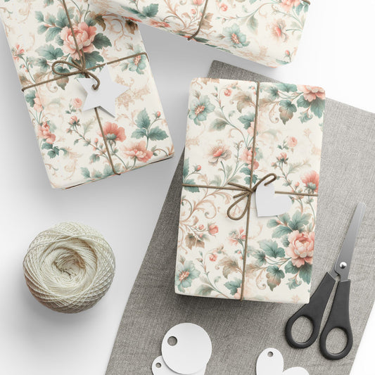 Vintage Floral Wrapping Paper, Peach & Green, 3 Sizes, 2 Finishes