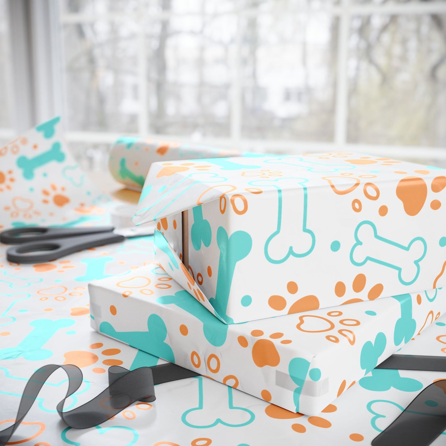 Give the Dog a Bone Wrapping Paper, Teal and Orange, 3 Sizes, 2 Finishes