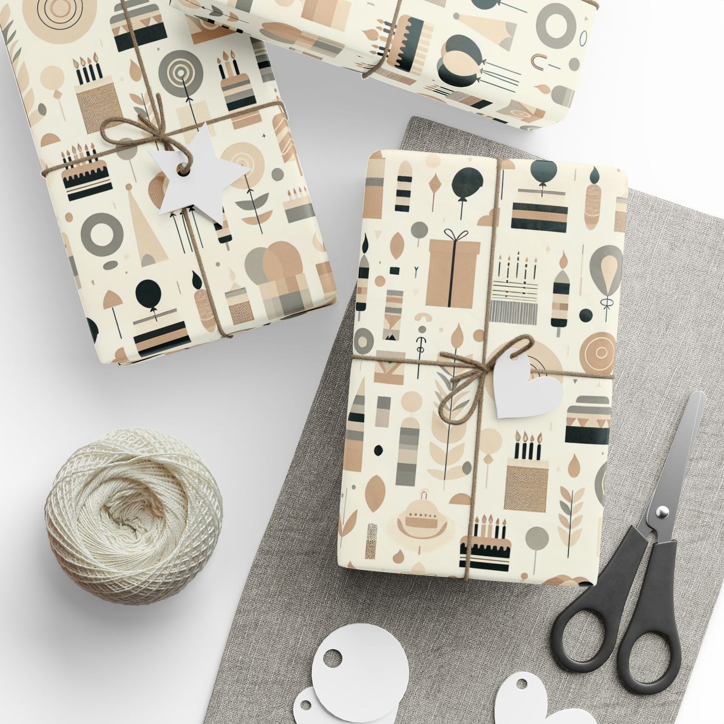 Whimsical Birthday Wrapping Paper, Neutral Colors, 3 Sizes, 2 Finishes