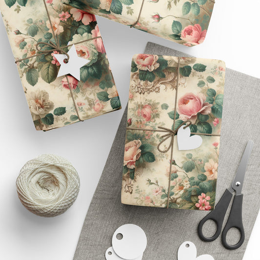 Old Fashioned Roses Wrapping Paper, Pink & Green, 3 Sizes, 2 Finishes