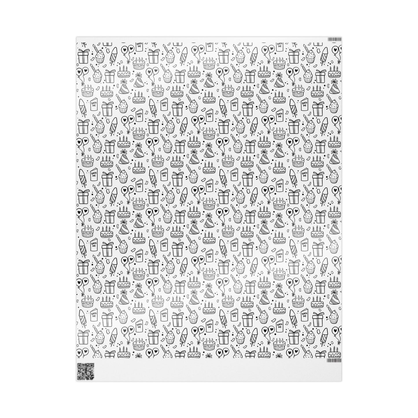 Black & White Presents Cakes Balloons Wrapping Paper, 3 sizes, 2 finishes