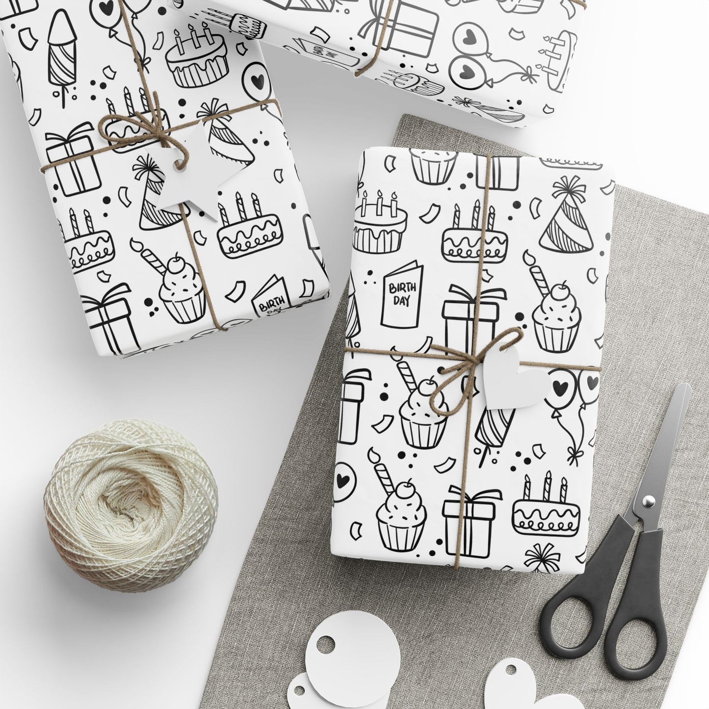 Black & White Presents Cakes Balloons Wrapping Paper, 3 sizes, 2 finishes